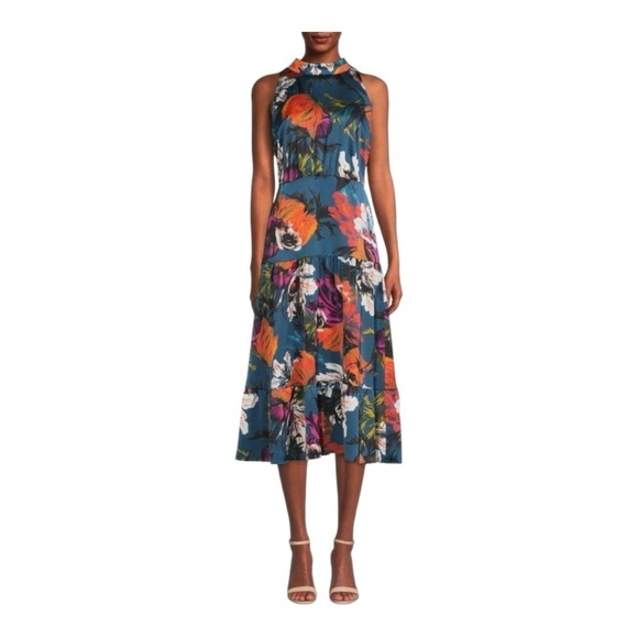 Sam Edelman Satin Midi Dress Elegant Floral Halter Neck Sleeveless Tiered Design - Picture 1 of 15